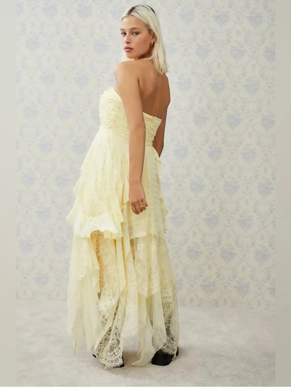 Free People Bliss Lace Kerchief Hem Strapless Maxi Dress Yellow Size Large - Picture 4 of 16